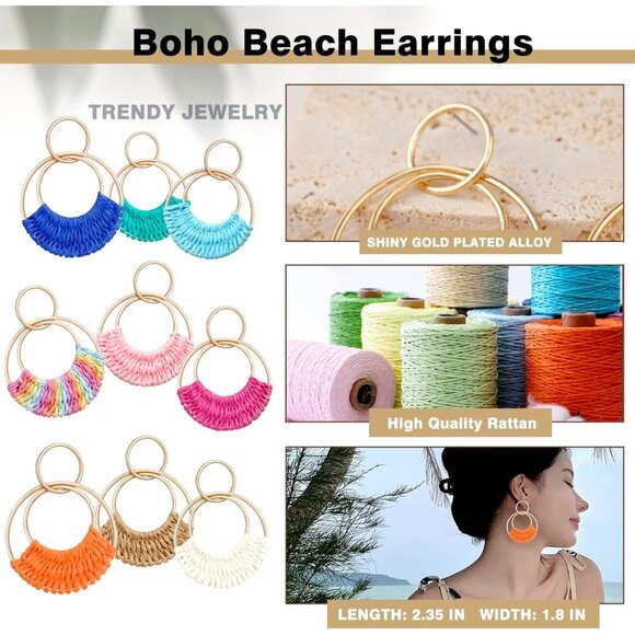 Handmade Raffia Hoop Earrings - Lightweight Boho Summer Beach Jewelry - Picture 6 of 7